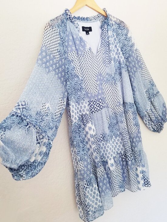 MSK Dresses & Skirts - MSK Ruffle V Neck Baby Doll Dress XL Chiffon Patchwork Blue Shimmer Boho Cottage